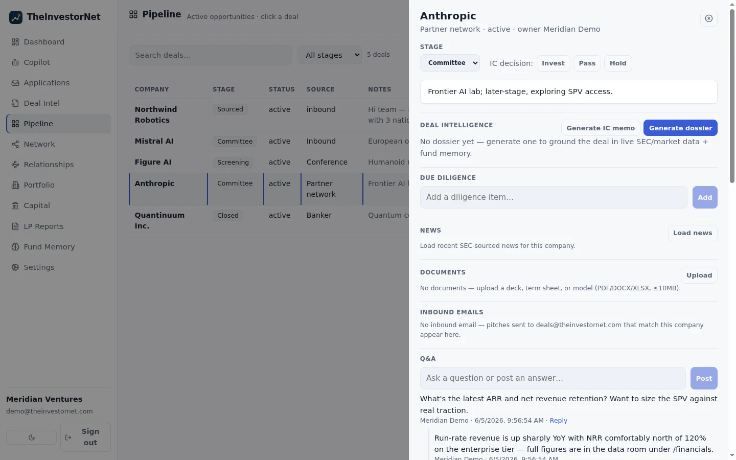 A Deal Room for Anthropic: stage, IC decision, diligence, Q&A, and an AI-generated IC memo.